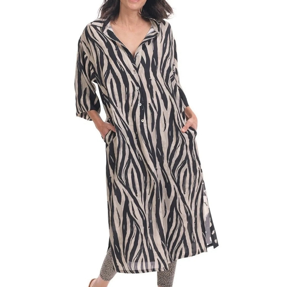 Alembika Oversize Safari Shirt Dress Medium Zebra Print Pockets Midi Lagenlook